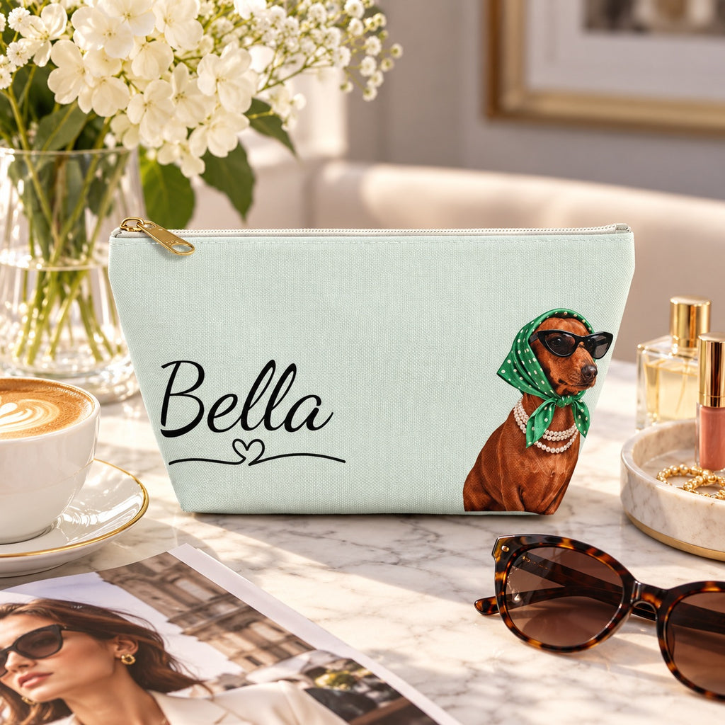 Copy of Dachshund Makeup Bag, Olive Knit Dog Cosmetic Pouch, Dachshund Mom Gift, Travel Toiletry Bag, Custom Name Zper Pouch, Dog Lover Gift