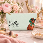 Copy of Dachshund Makeup Bag, Olive Knit Dog Cosmetic Pouch, Dachshund Mom Gift, Travel Toiletry Bag, Custom Name Zper Pouch, Dog Lover Gift