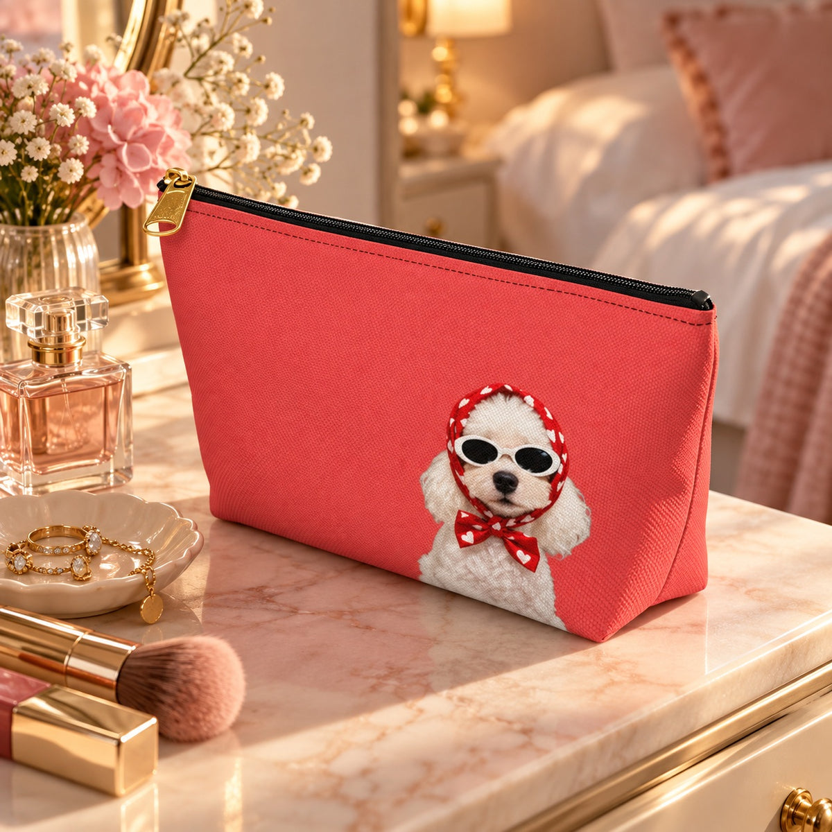 Red makeup pouch with a white Poodle in sunglasses and a red scarf on a vanity beside roses