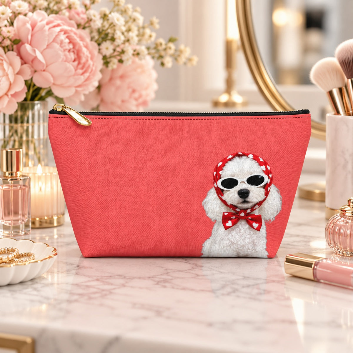 Red makeup pouch with a white Poodle in sunglasses and a red scarf front view on a vanity