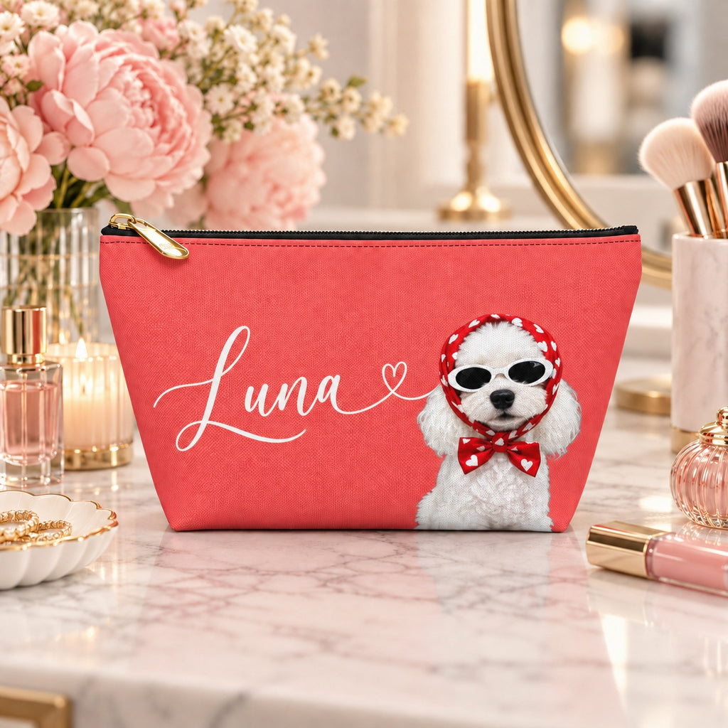 Red makeup pouch with a white Poodle in sunglasses and a red scarf with Luna sample name