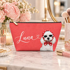 Red makeup pouch with a white Poodle in sunglasses and a red scarf with Luna sample name