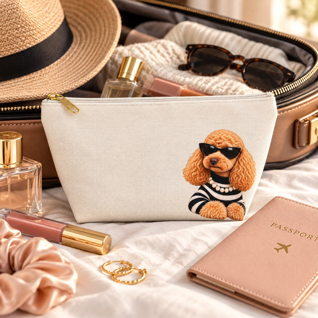 Cream makeup pouch with an apricot Poodle in sunglasses and a striped top packed in an open suitcase