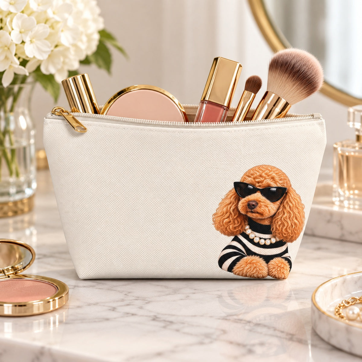 Cream makeup pouch with an apricot Poodle in sunglasses and a striped top holding makeup brushes