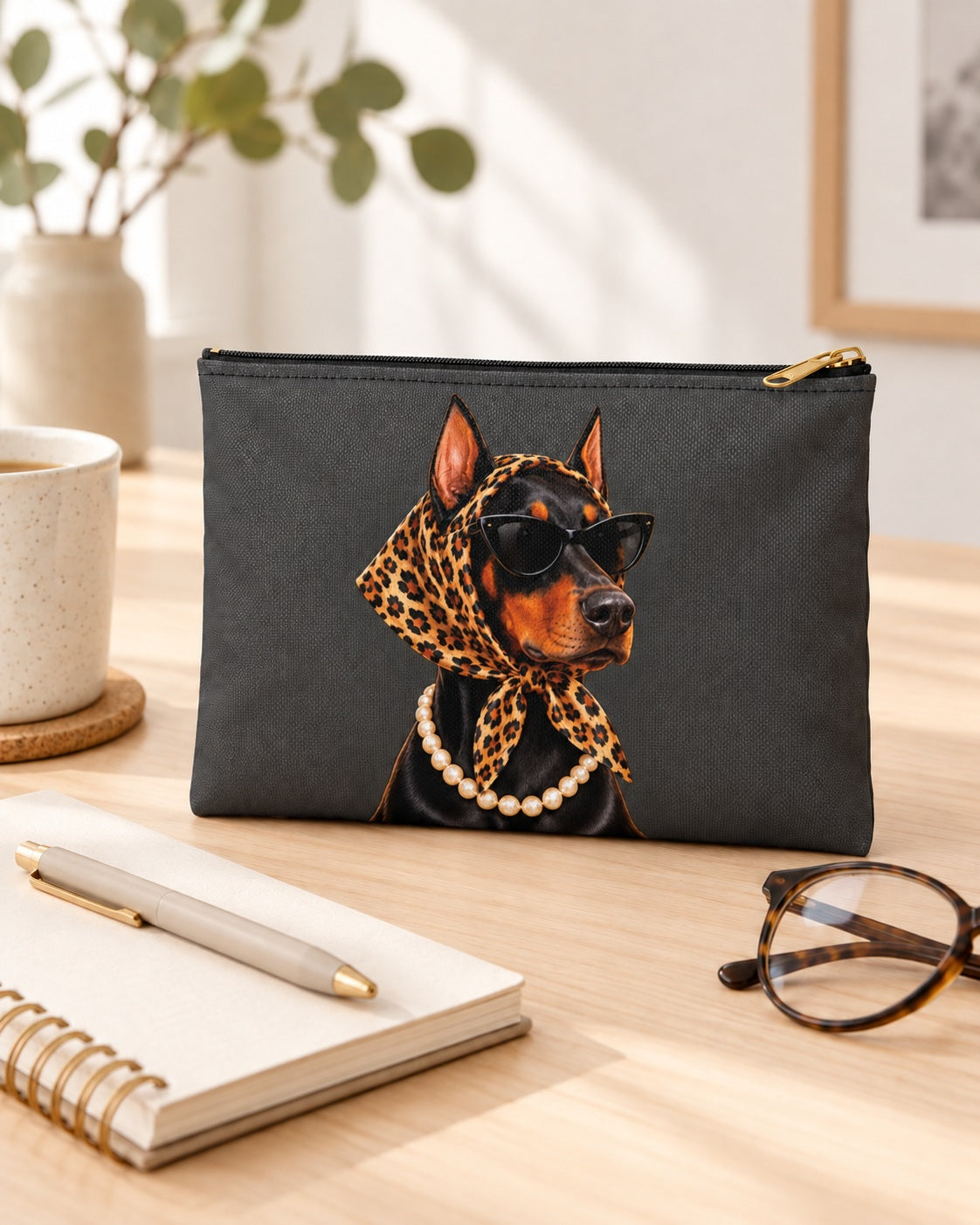 Doberman Makeup Bag, Black Cosmetic Zipper Pouch, Stylish Dog with Sunglasses and Leopard Print Scarf