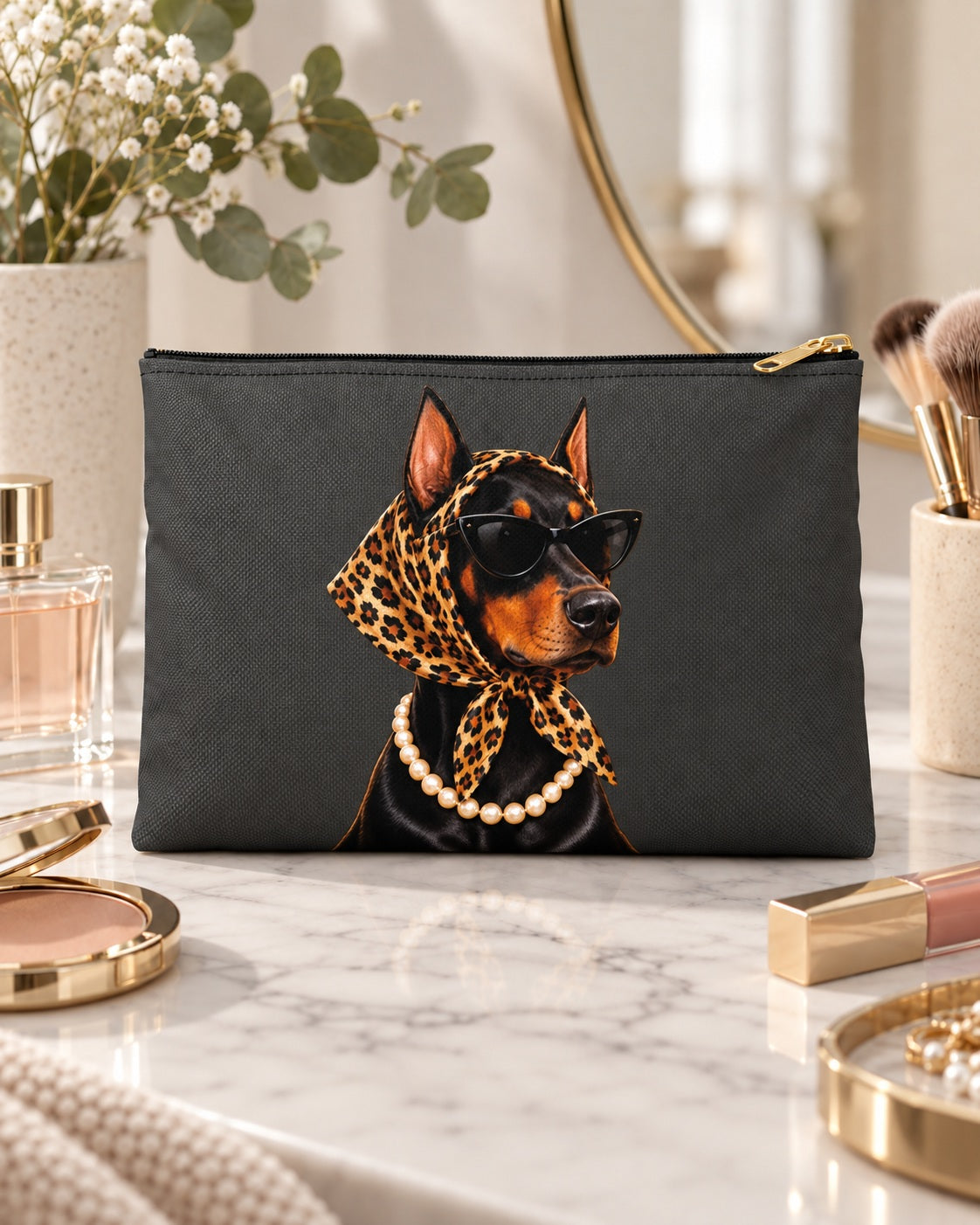Doberman Makeup Bag, Black Cosmetic Zipper Pouch, Stylish Dog with Sunglasses and Leopard Print Scarf