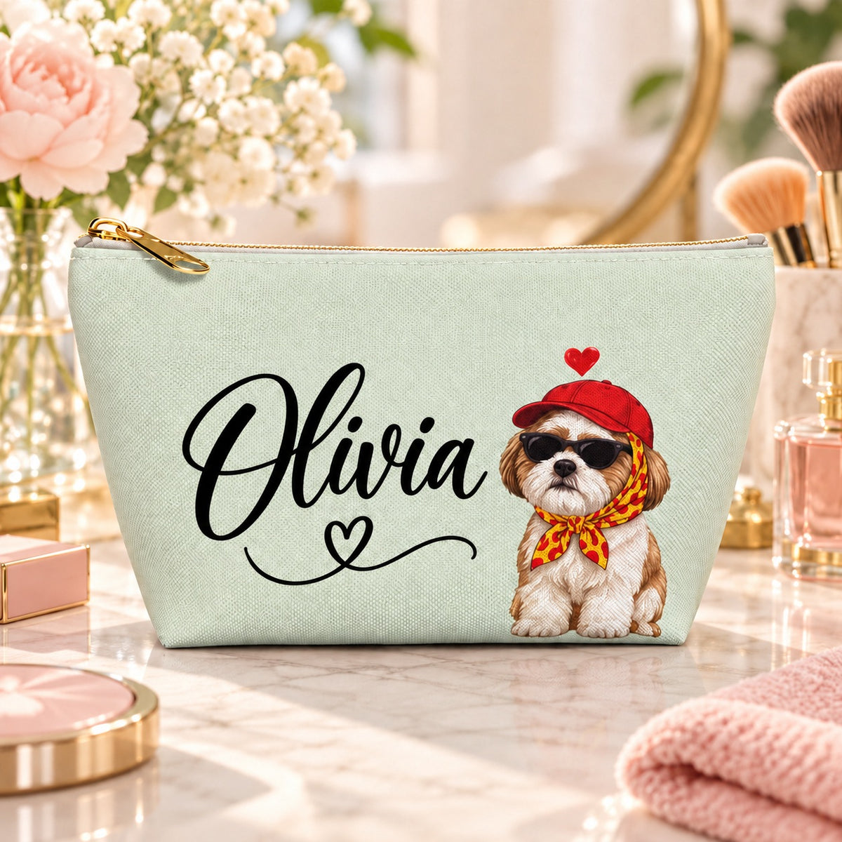 Shih Tzu Makeup Bag, Optional Custom Name Cosmetic Pouch, Shih Tzu Mom Gift, Pet Lover Toiletry Bag, Travel Makeup Pouch, Cute Gift for Her