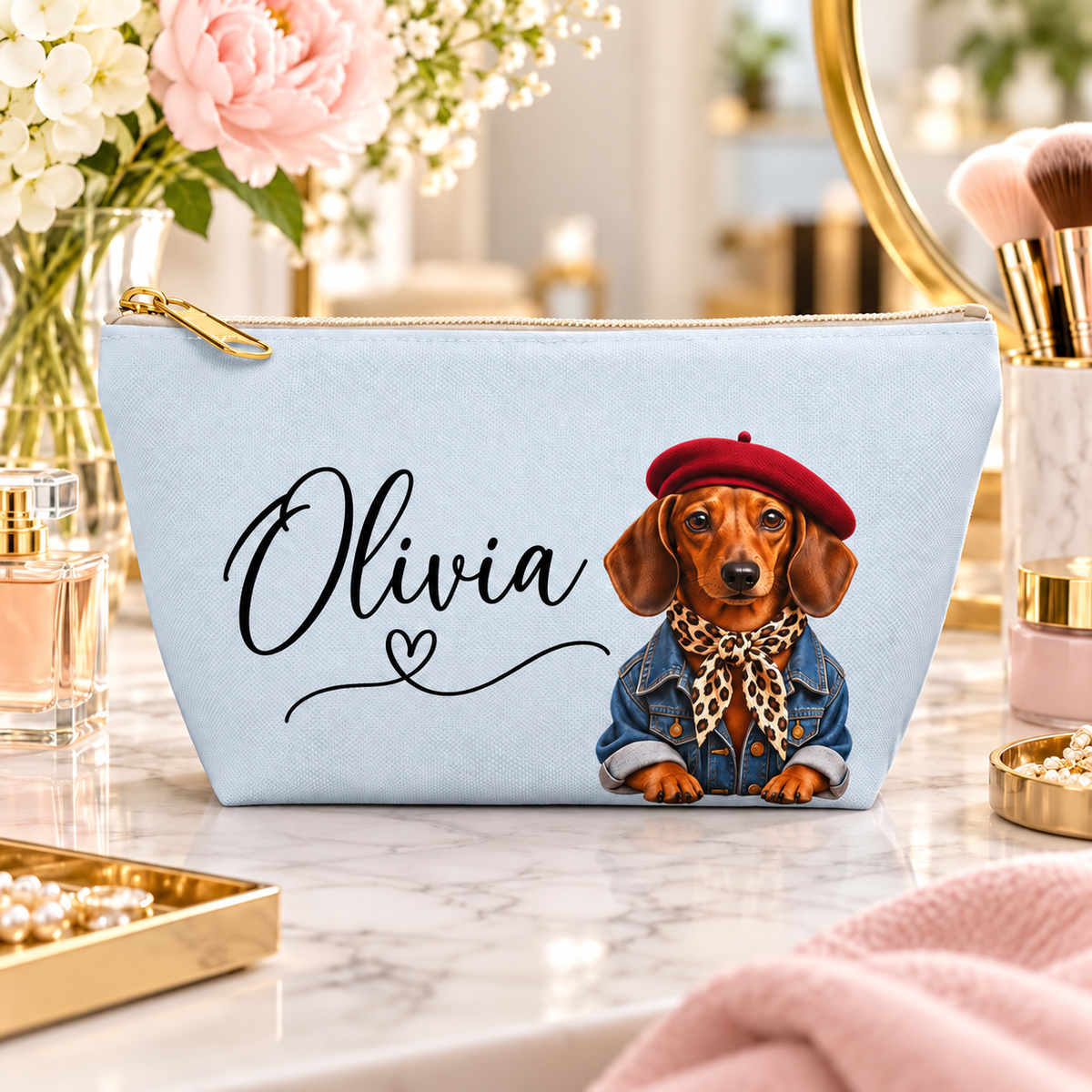 Dachshund Makeup Bag, Wiener Dog Cosmetic Pouch, Sausage Dog Toiletry Bag, Stylis Gift, Travel Makeup Organizer, Cute Pet Lover Gift for Her