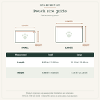Flat accessory pouch size guide: small 8.35 × 5.98 in; large 11.81 × 8.35 in. Approximate measurements.