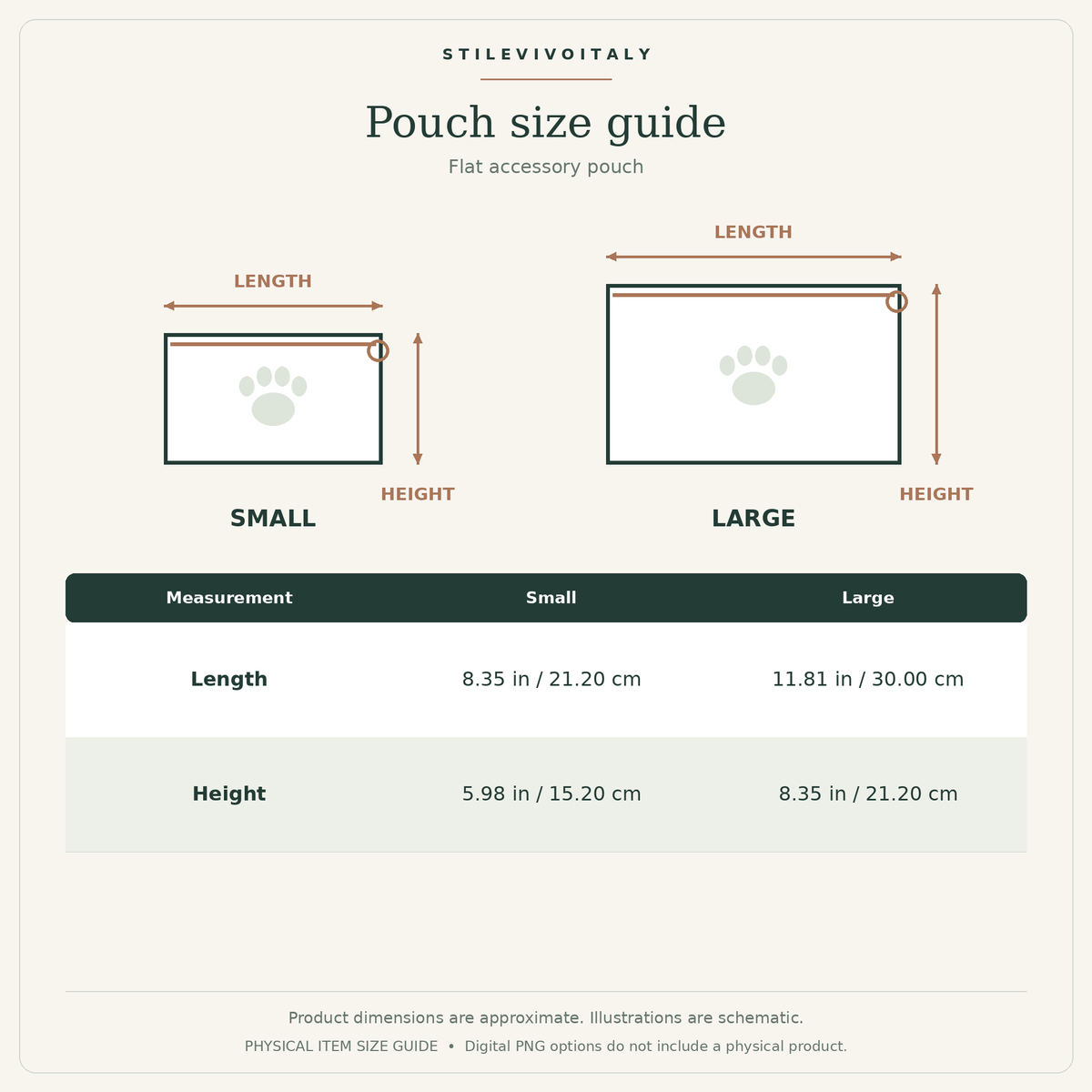 Flat accessory pouch size guide: small and large dimensions in inches and cm