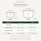 T-bottom makeup pouch size guide: small and large dimensions in inches and centimeters