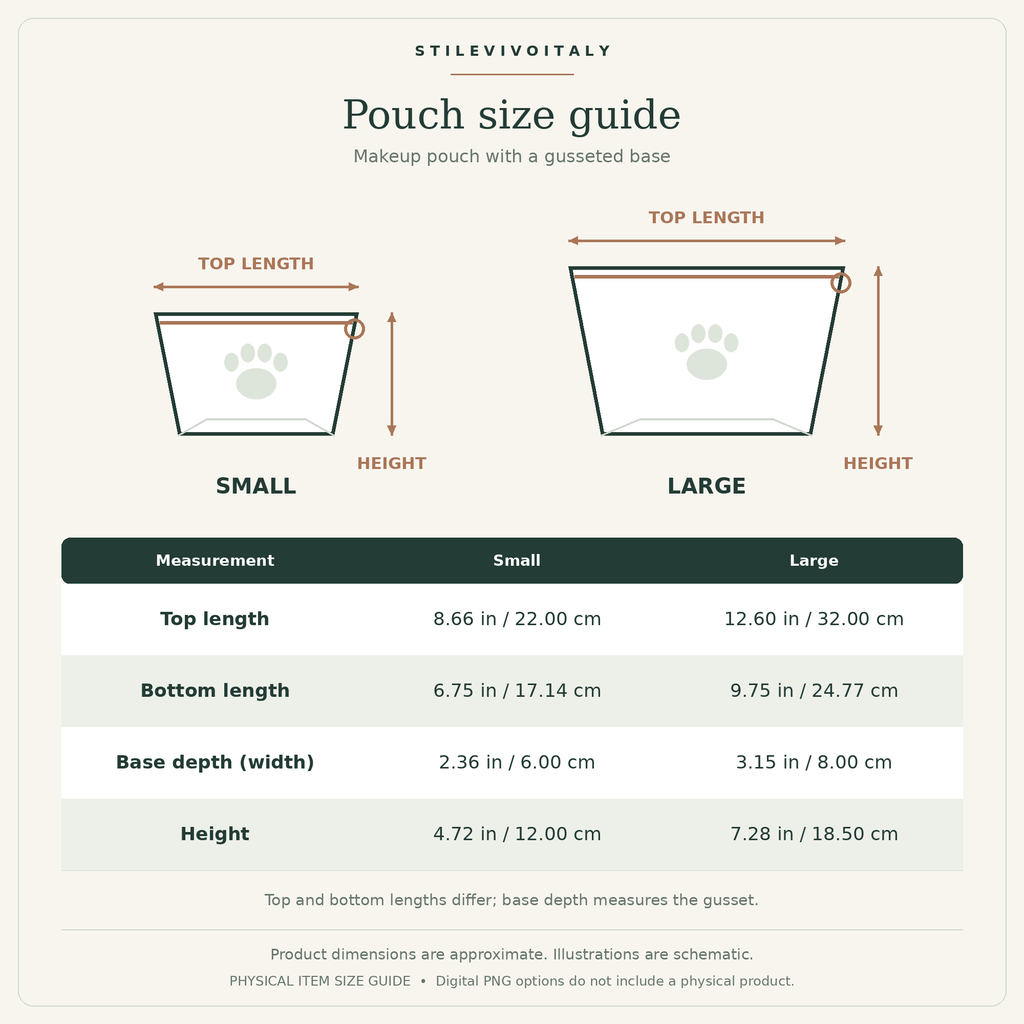 T-bottom cosmetic pouch size guide: small and large dimensions in inches and cm