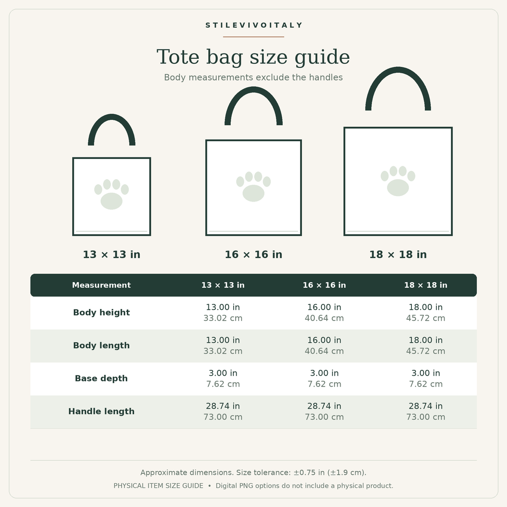 Tote bag size guide: 13 x 13, 16 x 16, 18 x 18 inches, including dimensions in cm.