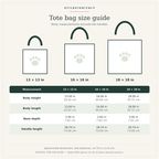 Tote bag size guide: 13 x 13, 16 x 16, 18 x 18 inches, including dimensions in cm.
