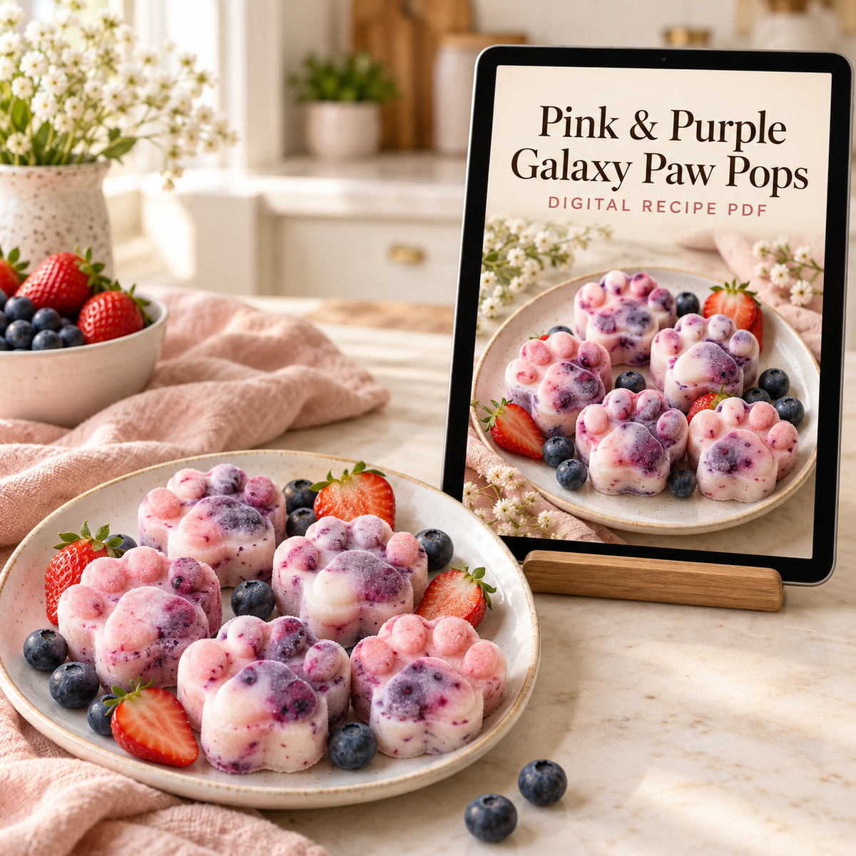 Illustrative digital recipe presentation with a tablet and homemade dog treats