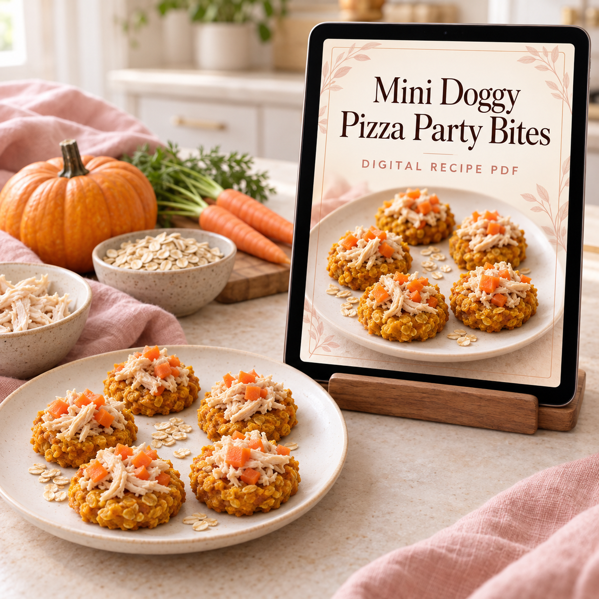 Illustrative digital recipe presentation with a tablet and homemade dog treats