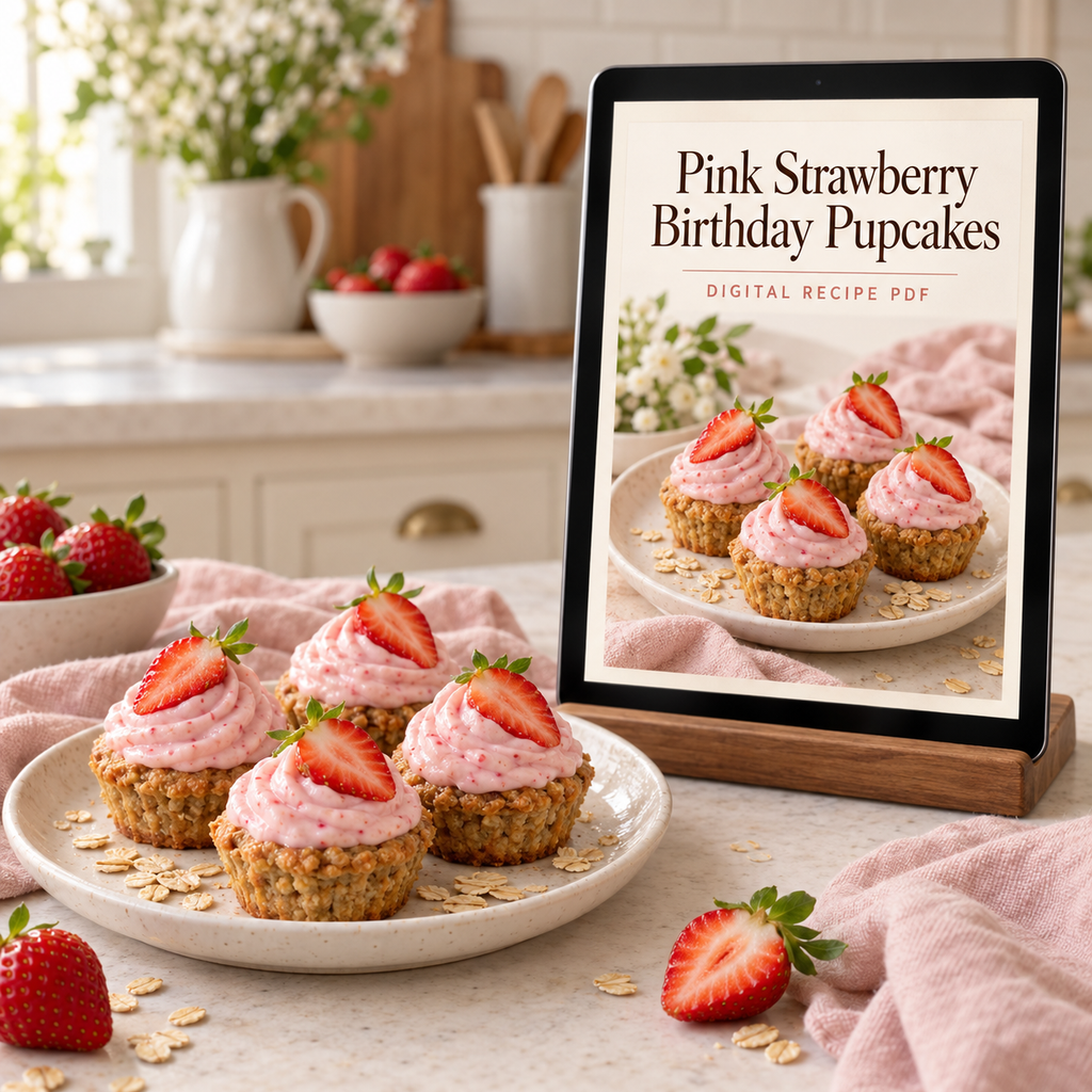 AI-generated photorealistic illustration 2 of Pink Strawberry Birthday Pupcakes; conceptual appearance, not a tested recipe photograph